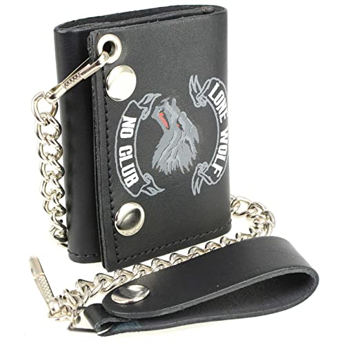 Milwaukee Leather MLW7833 Men's 4” Leather “Lone Wolf No Club” Tri-Fold Wallet w/Anti-Theft Stainless Steel Chain - One Size