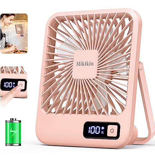 Mikikin Table Fan Battery Rechargeable, 2000mAh 180° Foldable Portable Personal Fan With Power Display, Ultra Quiet Suitable for Home Office Travel Desktop Outdoor, 5 Speeds - Pink