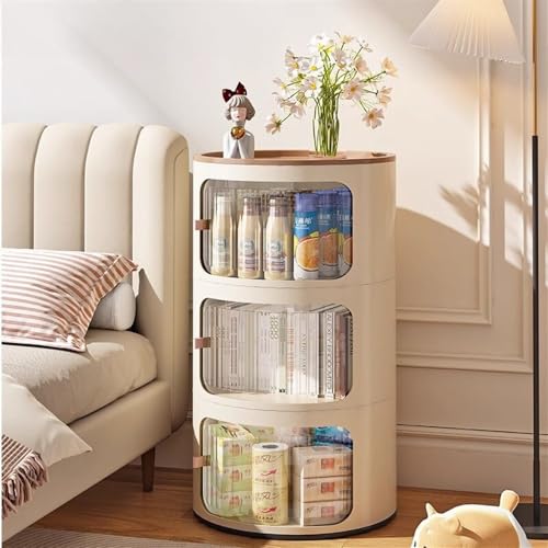 HJYBFA Mesitas de Noche Redondas con cajones, sin ensamblar, Color Blanco Roto, Dormitorio, baúl de plástico y Puerta corrediza, Mesa Auxiliar para Sala de Estar (Panel Trans