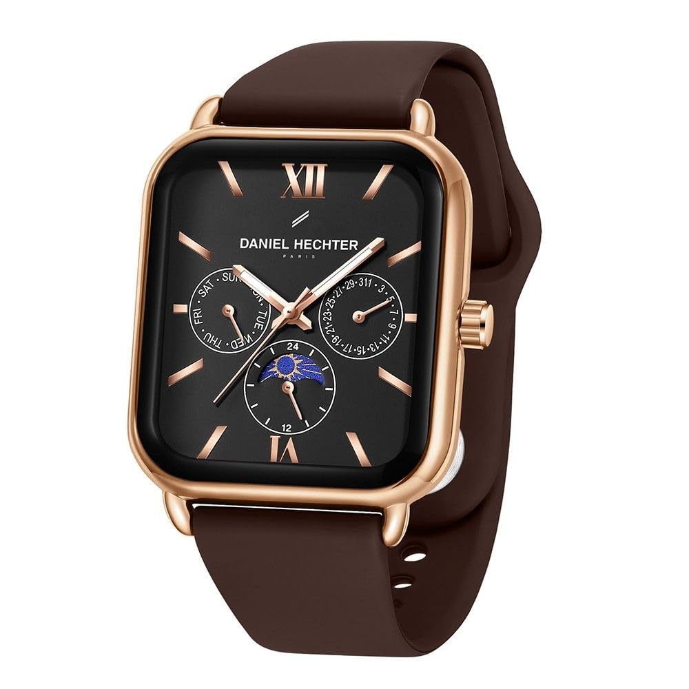 Paris Montmartre Unisex Multifunction Square Watch – Black Dial with Day-Date & 24-Hour Subdials, Moonphase Display, Sustainable Silicone Strap-image-42