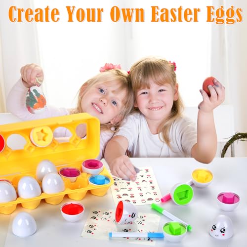 KOMABLEN 12Pcs Passende Eier Montessori Spielzeug, Eier Kinder Farb und Formen Sortierung Anerkennung, Puzzle Eier Sensorik Spielzeug Kleinkinder Mit Aufklebern und Stift für Ostern, Kindertag