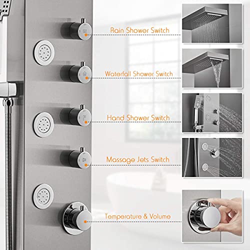 Rovate Rainfall Waterfall Shower Tower Panel System, Stainless Steel Bathroom Shower Panel Tower With 5 Body Sprays And 3 Sets Handheld Shower, Shower Column Wall Mount, Delicate Brushed Finish #TOP5