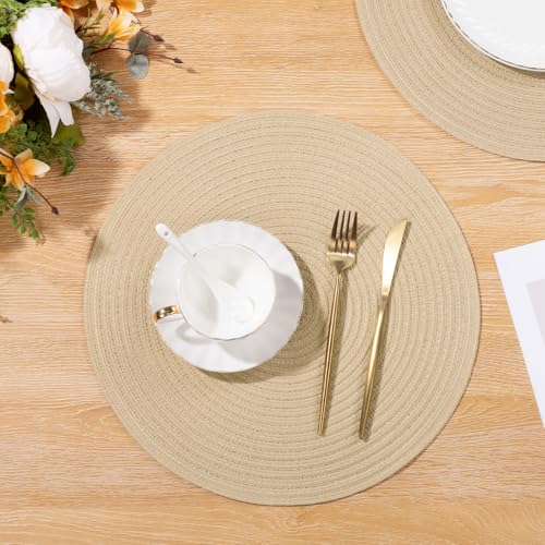 Image of SHACOS 15 inch Round Braided Placemats Set of 6 Cotton Polyester Heat Resistant Table Mats Washable Place Mats for Dinner Party Table Decoration (Light Beige, 6)