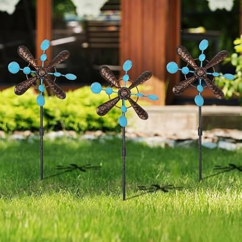 Aoutrow 3 Pack Wind Spinners with Metal Stake, 16.3 Inches Yard Garden Sculptures for Outdoor Spring Decoration Lawn Patio Wind Catcher Windmill (Blue spot) Cover