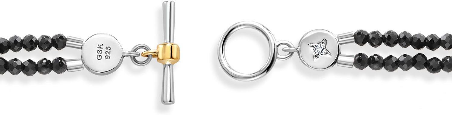 Gem Stone King Lab Grown Diamond and Black Spinel Double Line Bead Bracelet For Women | 925 Silver and 10K Yellow Gold | 6.5 or 7.5 Inches | With Toggle Clasp