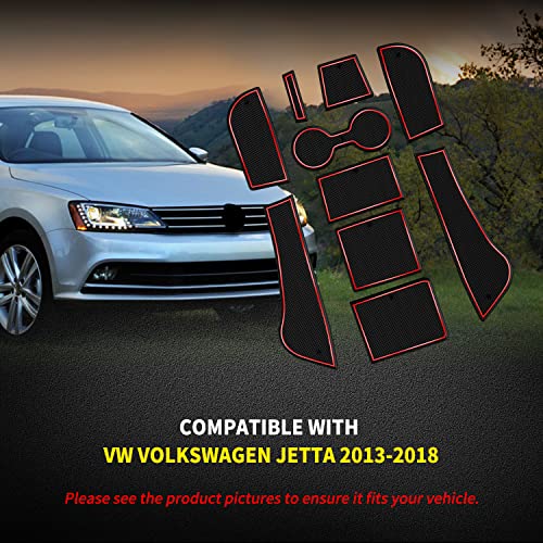 Asgohme Fit for Volkswagen Jetta 2013-2018 Accessories, Upgraded Custom Non-Slip Cup Holder Inserts, Center Console Liners, Door Pocket Pads, Interior Anti-Dust Liner Mats (9-PCS, Red Trim)