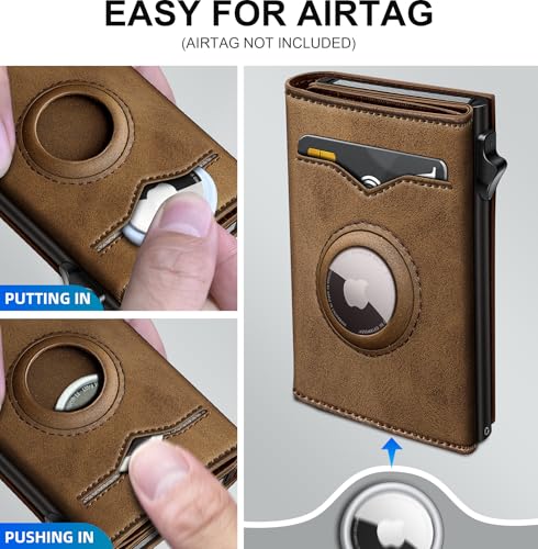 Image of miyozi Airtag Wallet for Men,with Cash Pocket 2 ID Window 9-12 Cards,Metal Case Smart Slim Pop Up Credit Card Holder Flip with Magnetic Closure RFID Blocking Trifold wallet with Gift Box