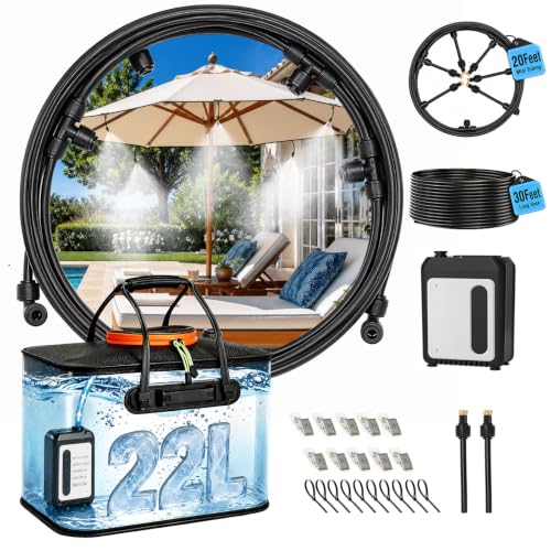 Bluepro 50FT Portable Misting System for Cooling Misters for Outside Patio with 5.8Gal/22L Foldable Tank 5200mAh Pump (IPX8) & 8 Adjustable Brass Nozzles for Umbrella Camping Golf Cart Sport