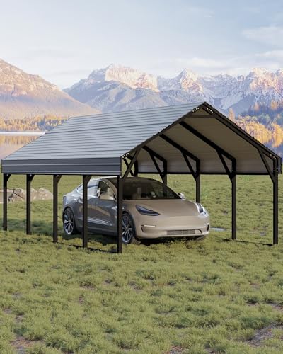 Image of GarveeLife 12x20 ft Metal Carport, Reinforced Frame and Steel Roof for All-Weather Use, Permanent Shelter for Bass Boats, Full-Sized Pickup Trucks, and Tractors