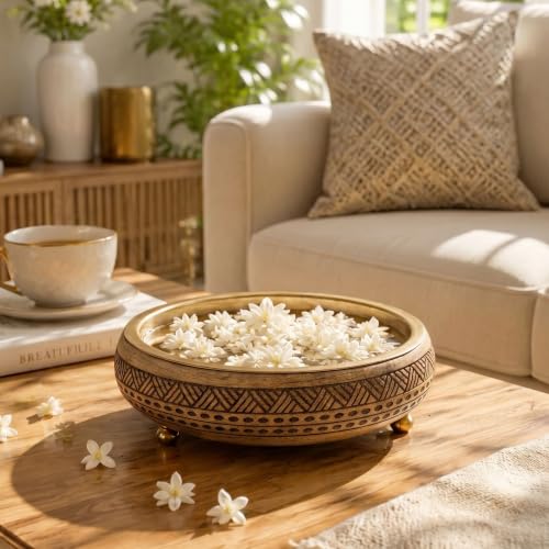 Image of BEHOMA Wood & Metal Urli Tray, 12 inch, Mocha Brown | Wood & metal urli tray in mocha brown, 12 inch; ideal festive gift for Durga Puja & Navratri decor, 1L.