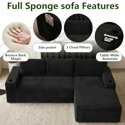 Image of 104.3 inch Modular Sectional Sofa,Modern Corduroy Cloud Couch with Cup Holder & Side Pockets,Boneless Couch Upholstered 4-Seater L-Shaped Sofa for Living Room,No Assembly (Black, Right-Facing Chaise) | with Cup Holder