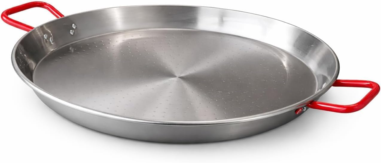 Carbon Steel Paella Pan, Silver Round with Dual Red Handles, Uncoated Dimpled Surface for 9-16 Guests, Hand Wash Only (Polished, 11")