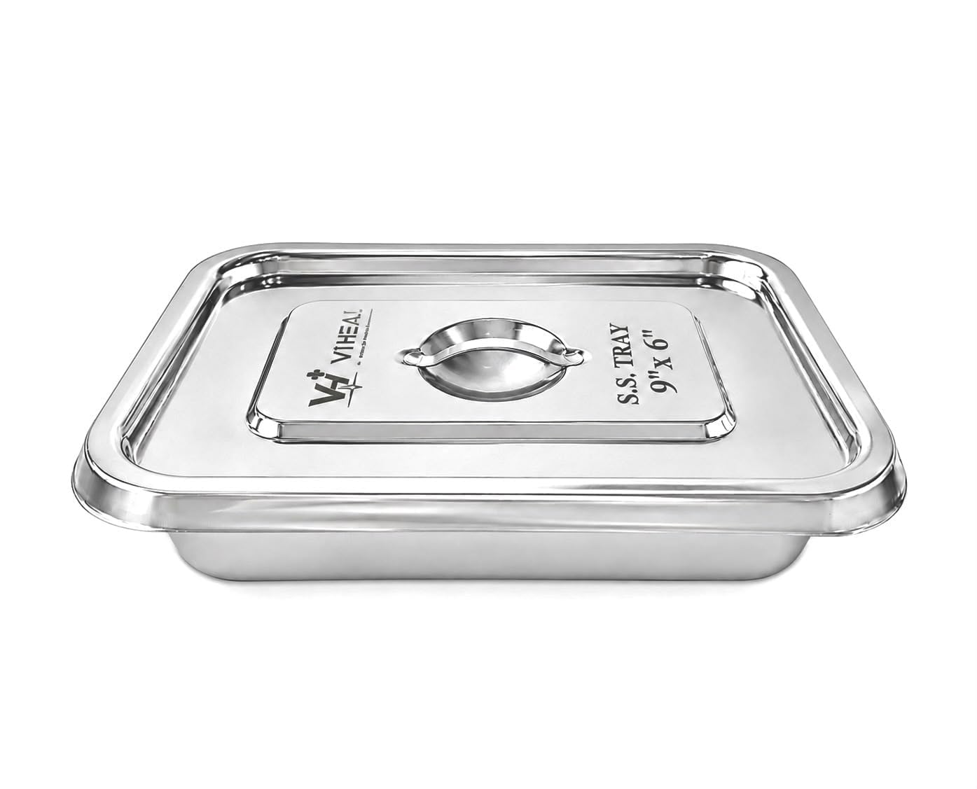 VI HEAL Stainless Steel Surgical Instrument Tray with Lid, Pack of 1, (9" x 6" x 2")