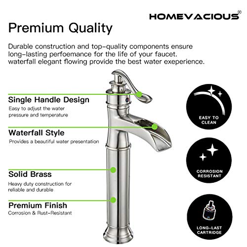 Bathroom Vessel Sink Faucet Tall Brushed Nickel Satin Single Hole Lavatory Waterfall One Handle With Pop Up Drain Without Overflow Restroom Bowl Mixer Tap Supply Line Lead-Free #TOP4