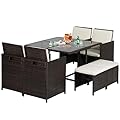 Outdoor Patio Furniture Set 9 Pieces Patio Dining Sets Space Saving Wicker Furniture with 4 Rattan Chairs 4 Ottomans and Glass Table for Outdoor Backyard Porch Poolside Balcony,Khaki Cushion