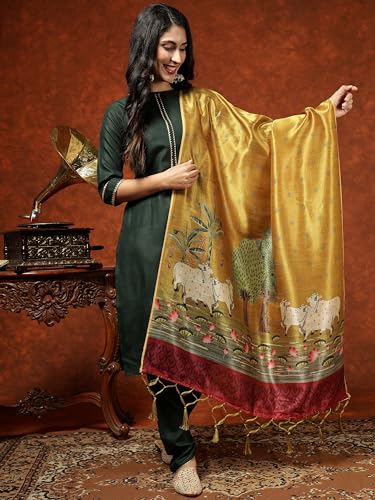 Image of EthnicJunction Women's Cotton Blend Kurta Pant Dupatta Set with Digital Print Dupatta | Karva Chauth Special Kurta