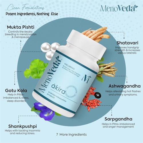 Image of Menoveda Akira Menopause Support Supplement for Women - 60 Tablets | Hormonal Balance, Hot Flash & Night Sweat Relief, Mood, Sleep & Stress Support | Perimenopause & Menopause Vitamins for Women