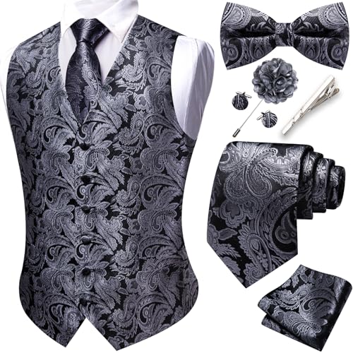 YOHOWA Grey Vest for Men Silk Tie Bowtie Set Paisley Waistcoat 8PCS