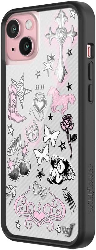 Wildflower Cases - Compatible with iPhone 15 Plus | Protective Black Bumper, 6.5ft Drop Test Certified, Women Owned Small Business | Grey, Tattoos, Pink, Collab, Stars, Cute | Collab - Nessa Barrett