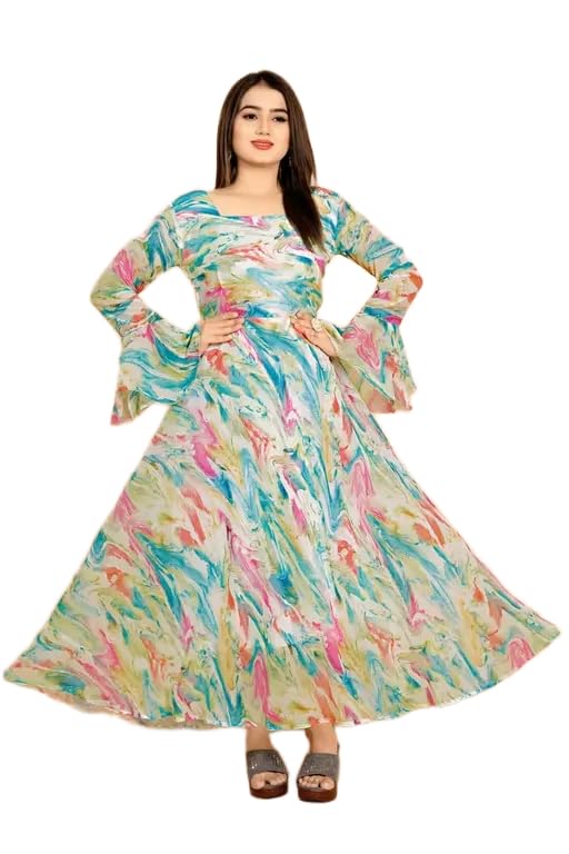 Women's Multicolor Digital Printed Anarkali Dress | Georgette Fabric with Heavy Crepe Lining | Long Bell Sleeves & Attached Waist Belt-image-31