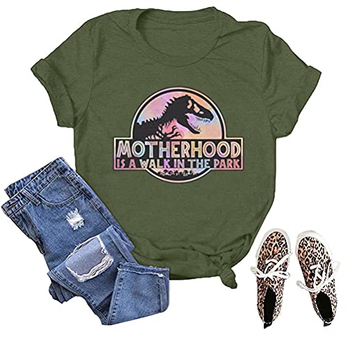T-shirt da donna con stampa a girocollo con scritta "Motherhood is Walk in The Parco" Verde militare XXL