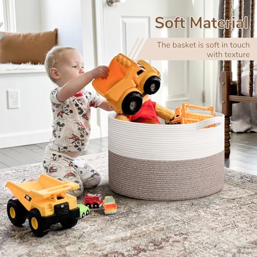 Image of INDRESSME Large Blanket Basket, Laundry Toy Storage Baskets, Decorative Woven Basket for Living Room & Nursery, Baskets for Gifts Empty, Laundry, Dog Toys, Towels, White & Brown, 19.7 inch D x 12.6 inch H
