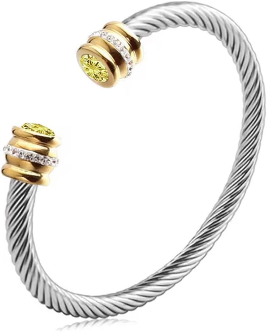 Birthstone Cable Cuff Bracelet for Women - Adjustable Open Cuff, Two-Tone Gold & Silver Twisted Bangle, Classic Stackable Jewelry Gift