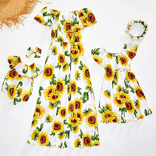 Image of PopReal Mommy and Me Dresses Floral Printed Chiffon Bowknot Ruffles Short Sleeve Beach Mom Daughter Matching Outfits