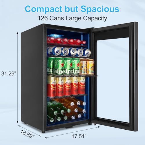 Image of Beverage Refrigerator 126 Can, Mini Beverage Fridge Small Beverage Cooler with Glass Door Safety Lock, Drink Fridge for Beer Soda Wine, Perfect for Dorm Office Hotel