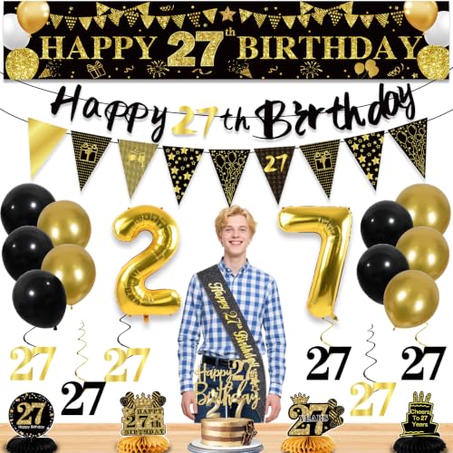 Image of 27th Birthday Decorations for Men, Black Gold 27th Party Decorations