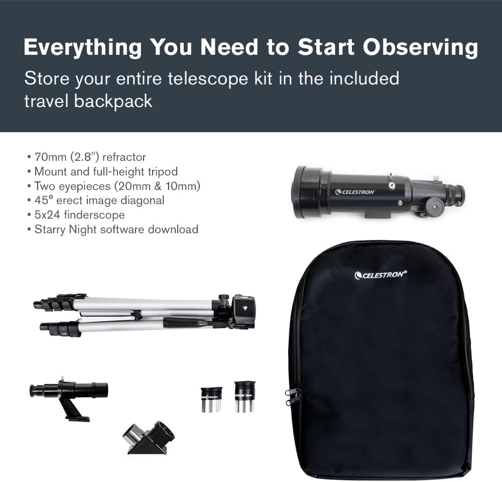 Celestron Travel Scope 70 Portable Refractor Telescope – 70mm Aperture, Fully-Coated Glass Optics – Includes Tripod, Backpack & Software – Ideal for Beginners & Travel