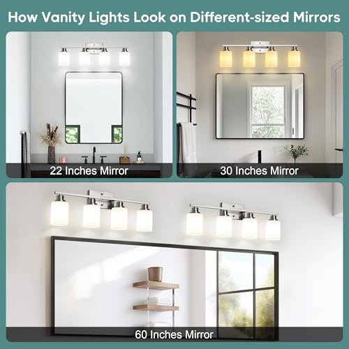 Image of Ascher Bathroom Light Fixtures, 4-Light Vanity Light Over Mirror, Brushed Nickel Wall Sconces with Milky White Frosted Glass Shades, Wall Lamp for Living Room Bedroom, E26 Base(Bulbs Not Included)