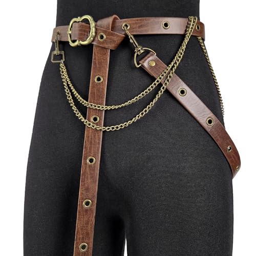 Image of HiiFeuer Medieval DIY Faux Leather Metal Chain Belt, Vintage Adjustable Thin Belt For Women, Retro Skinny Belt For Dresses