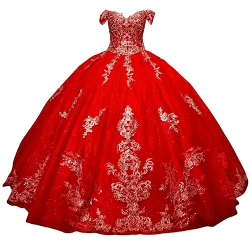 XYAYE Off Shoulder Quinceanera Dresses Ball Gown Sparkly Gold Lace Sweet 15 16 Dresses Tulle Beaded Prom Dress with Train