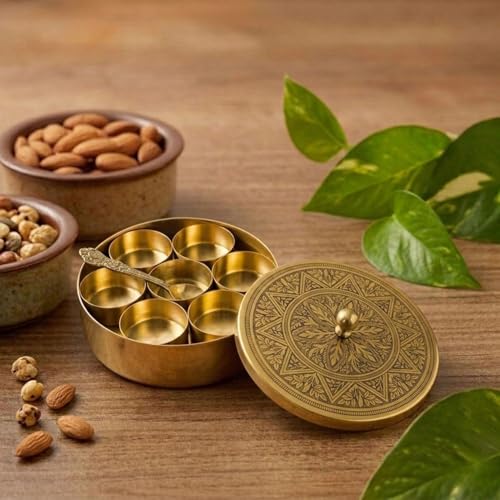 Image of Mandala-Etched Pure Brass Spice Box with Spoon (7 Detachable Containers, 120 ML Each) | Traditional Masala Dabba | Premium Brass Masala Dani | Kitchen Spice Storage Container