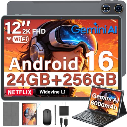 Image of 2026 12 Inch Android 16 Tablet with Keyboard, 24GB+256GB+2TB Expand, 2K Tablets PC with Gemini AI, Octa-Core, 8000mAh, 120Hz 2000x1200, GPS, GMS, 2 in 1 Large Tablets with Case, Mouse, Stylus(Silver)