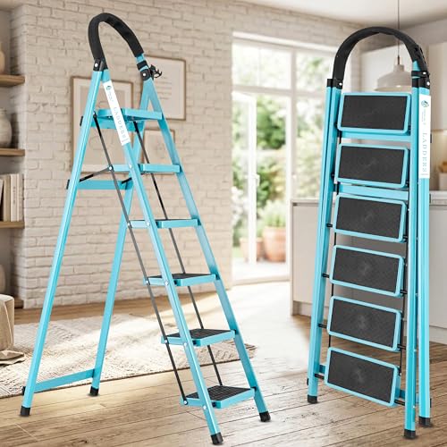 Image of Norman Jr Teal Blue 6 Step Ladder for Home Use with Built-in Tool Tray | Heavy Duty D Shape Rods | Ultra Large Platform | Wide Rubber Feet | 150Kg Capacity Foldable Ladder - 7 Years Warranty