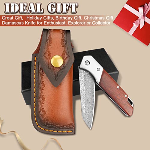 Komwero Damascus Pocket Knife With Clip Leather Sheath, 3.14 Inch Sharp Damascus Steel Knife With Rosewood Handle, Edc Damascus Folding Knife For Men Women Camping Collection #TOP7