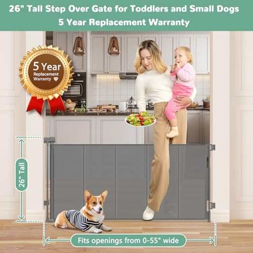 Reinforced 26 Inch Tall Retractable Child Gate to Step Over 55\" Wide Small Retractable Baby Gates for Stair Retractable Dog Gate Short Mesh Dog Gate Retractable Toddler Gates for Doorways Doggy Gate