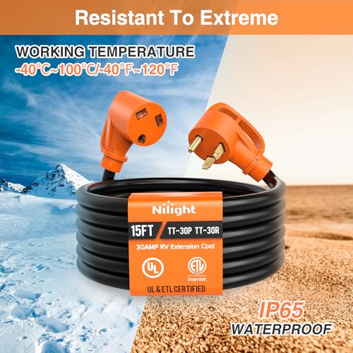 Image of Nilight 15FT 30 Amp RV Extension Cord with Adapter 15Amp to 30Amp 125V Heavy Duty 10 /3 Gauge Pure Copper STW Wire UL ETL Listed 3 Prong TT-30P TT-30R Weatherproof Suit for Generators Campers