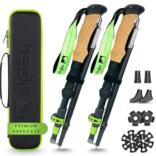 Alpteq Wanderstöcke faltbar Aluminium mit Korkgriff | Bergsport Trekkingstöcke | Nordic Walking Stöcke Damen & Herren | extra leicht und Teleskop variabel (Aluminium 115-135 cm | Lime Green)