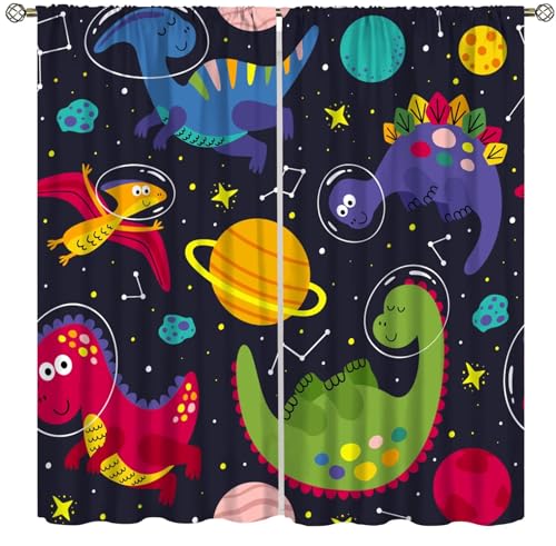 Kids Dino Outer Space Curtains, Cute Cartoon Dinosaur Starry Star Curtains for Boys Girls Bedroom Living Study Baby Room, Rod Pocket Window Drapes Set 2 Panels, 42x63 Inches, Style-1