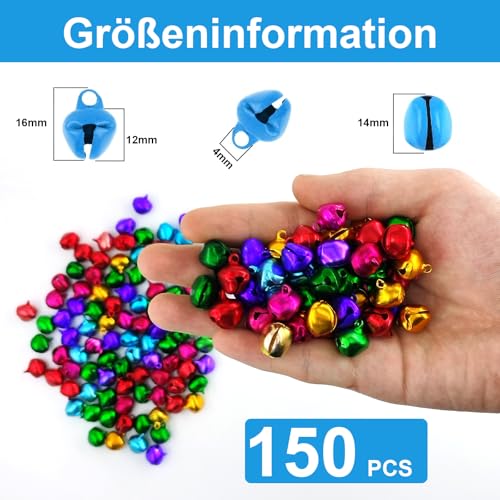 150 Stück Metallglöckchen, 14 mm Glöckchen mit Ösen，mit 20m bunt Seil, Bastelglocken Bells Kleine Glocken Weihnachtsglocken für Festivaldekorationen,Schmuckherstellung, Hundehalsbänder(7 Farben)