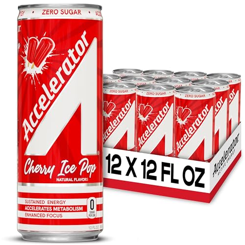 Accelerator Energy Drink Sugar Free, Cherry Ice Pop 12oz can(12 pack), Zero Sugar Energy Drinks with Sustained Energy from 100% Natural Caffeine (200mg) & Green Tea extract