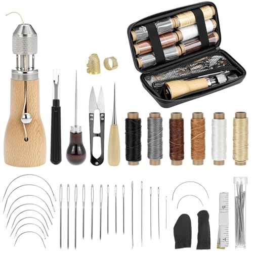 QWORK Sewing Awl Kit with Bag Leather Sewing Waxed Thread Kit Repair Sewing Kit Portable Awl Tool Stitching Leather Craft Tool Kit