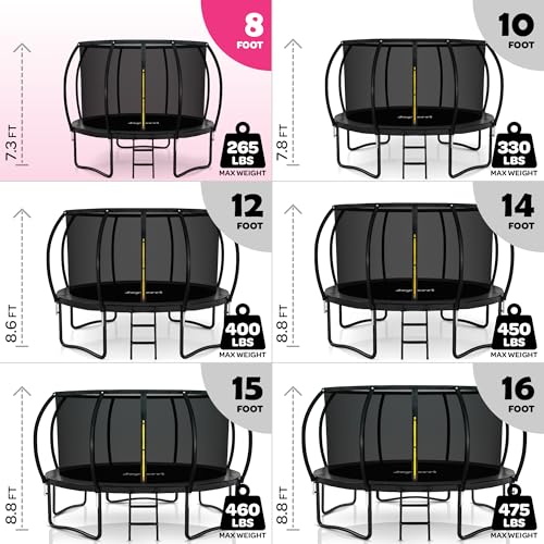 Image of JoyBerri Upsurge Trampoline Outdoor - ASTM Certified Safe 8Ft 10Ft 12Ft 14Ft 15Ft 16Ft Recreational Trampoline for Kids and Adults. Anti-Rust Coating with Enclosure Net, Ladder, Sprinkler & LED Lights