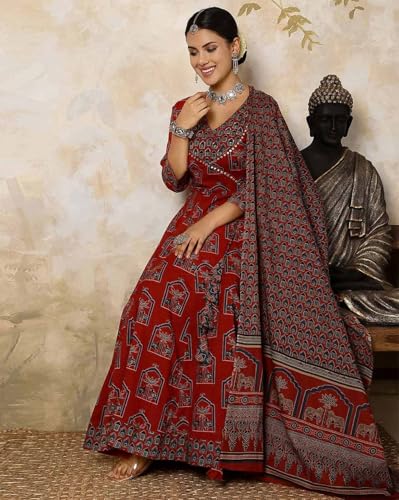 Image of PARTHVI|Women's Red Cotton Printed Flared Kurta with Cotton Pant and Printed Dupatta Sets