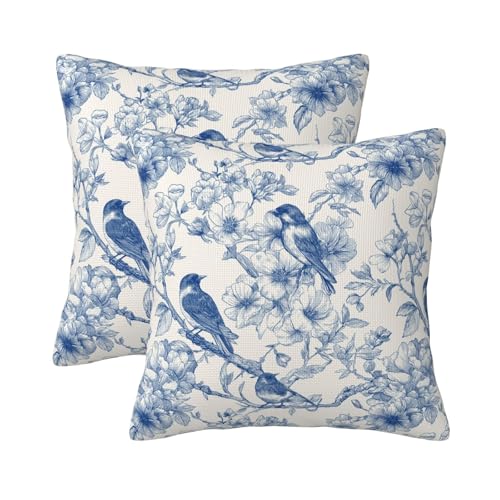 KiuLoam Vintage Blue Toile Pillow Covers 18x18 Inch Set of 2 Blue and Cream Ink Line Floral and Birds Decorative Throw Pillows Outdoor Rustic Cushion Cases for Sofa Couch Bed Decor