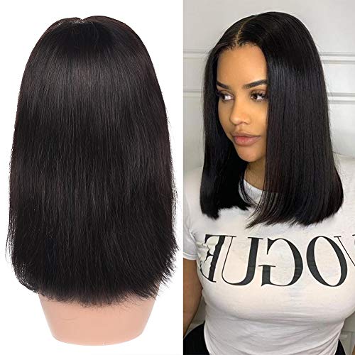 4x4 Short Bob Lace Front Wigs Human Hair Straight Lace Closure Wig Middle Part Natural Color Human Hair Lace Front Wigs (16 Inch)
