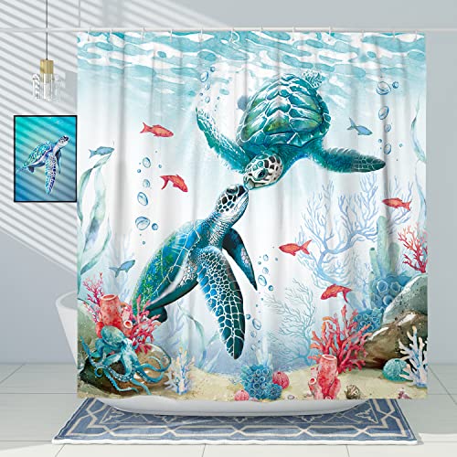 DESIHOM Teal Sea Turtle Shower Curtain Set, Beach Coastal Theme Shower Curtains for Bathroom Ocean Nautical Beachy Turtle Bathroom Decor Polyester Fabric-72